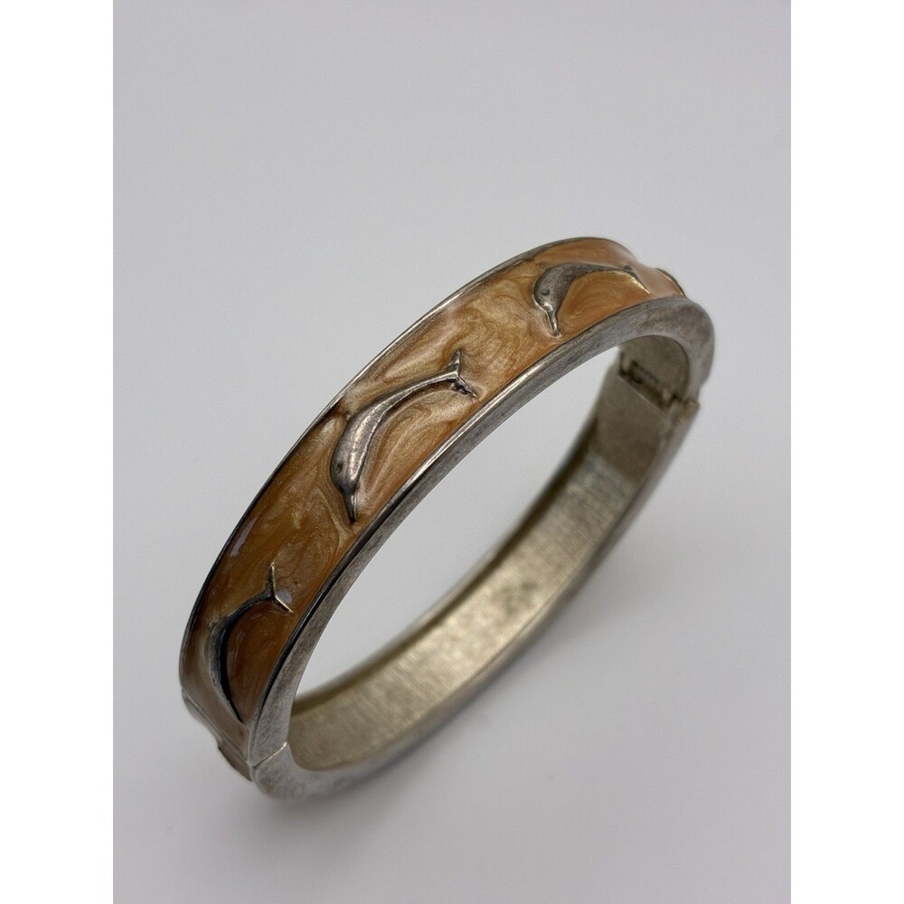 Hinged Dolphin Creamy Orange Swirl Enamel Bracelet 7.85” Circumstance VTG Ocean